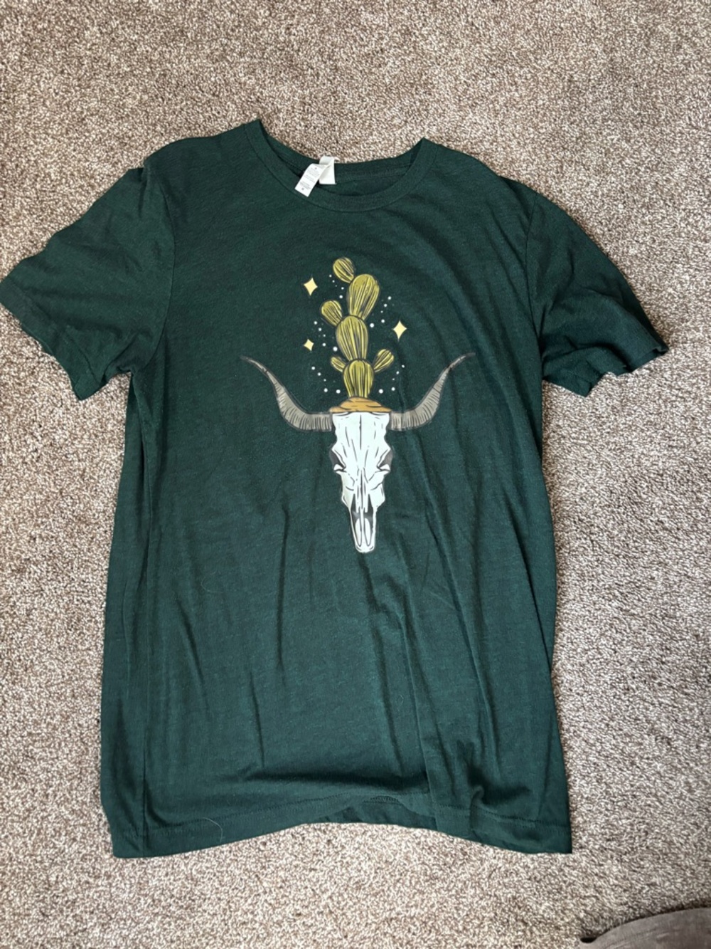 Dark Green Graphic Tee with Cactus Skull Print